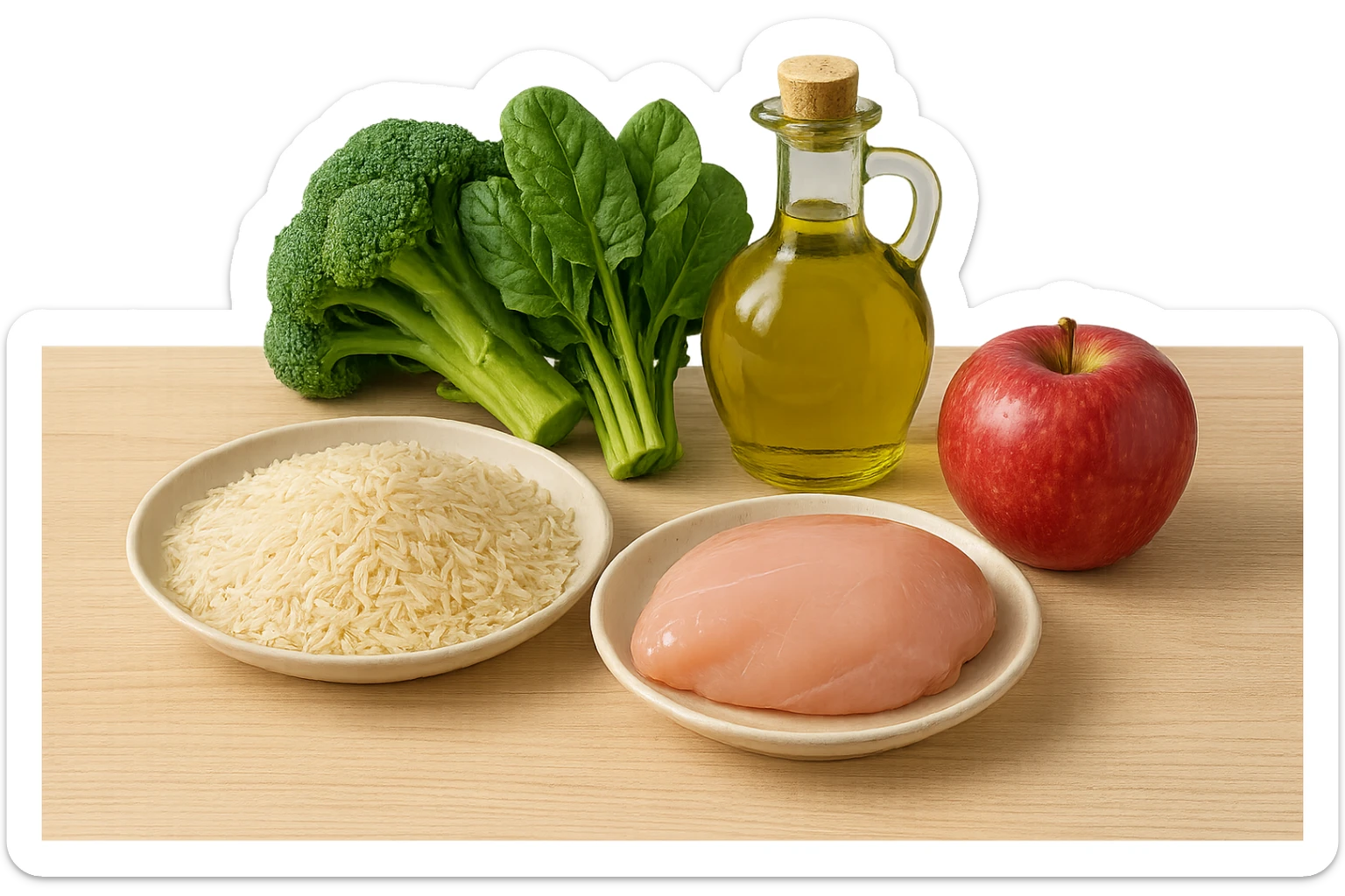 Riso basmati
Petto di pollo
Verdura fibrosa verde
Olio EVO
Mela
poggiati sul tavolo sticker