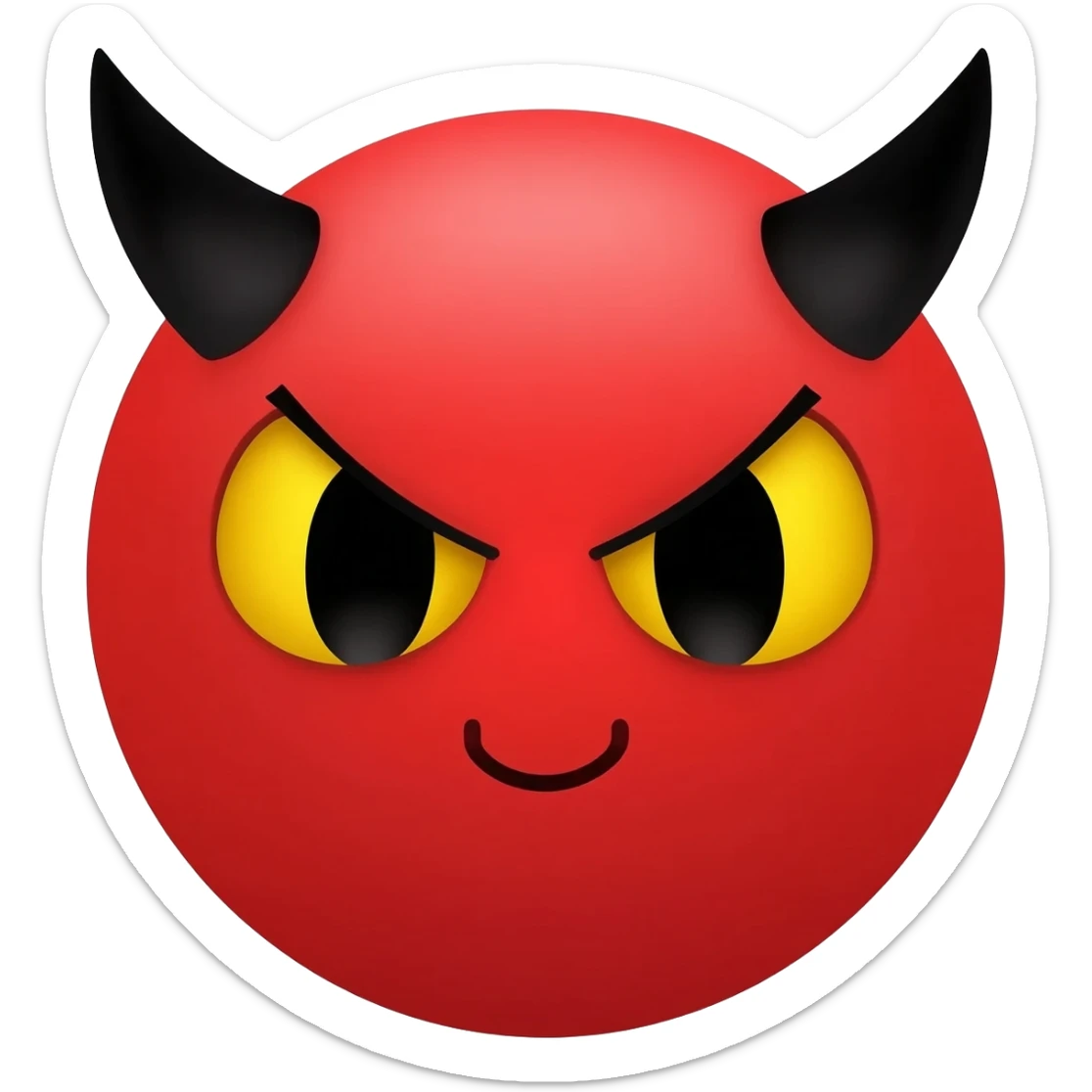 Red circle which has no eyebrows is smiling and has horns and has black eyes with yellow purpils and has angry eyes but is still smiling sticker