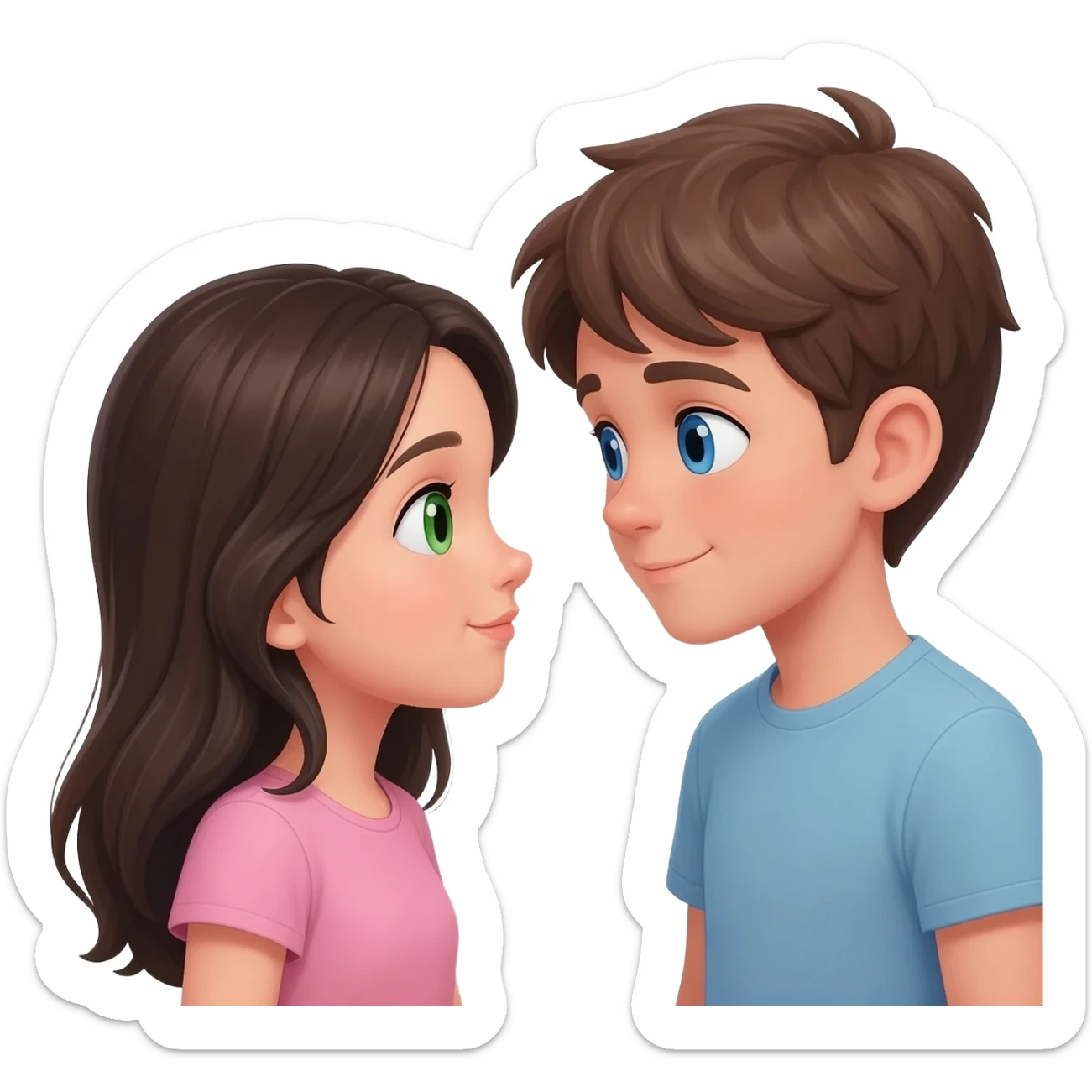 A girl with dark blonde hair And green eyes in love with a boy with brown hair and blue hair sticker