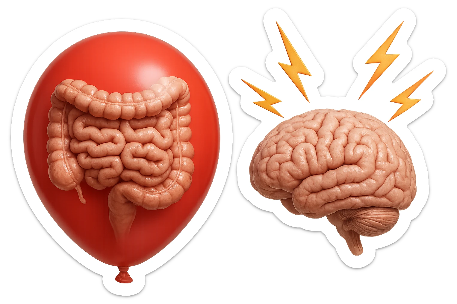 intestino umano anatomico chiuso in un palloncino rosso che simboleggia gonfiore, accanto un cervello anatomico con fulmini vicino che simboleggiano "stress", iperrealistico 4k sticker