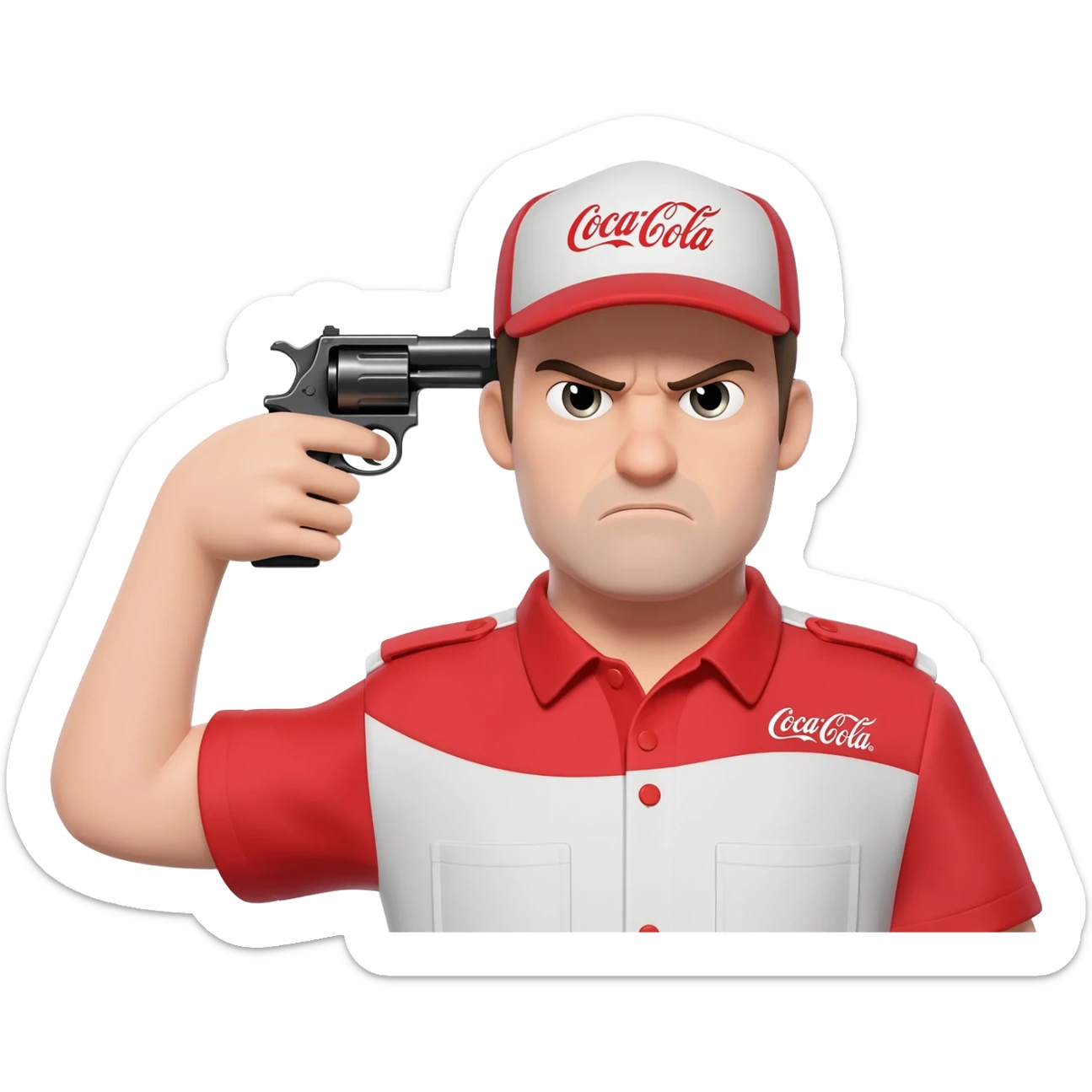 grumpy coca-cola guy with someone pointing a gun to his head sticker