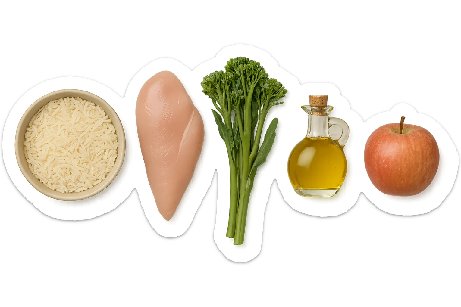 Riso basmati
Petto di pollo
Verdura fibrosa verde
Olio EVO
Mela sticker