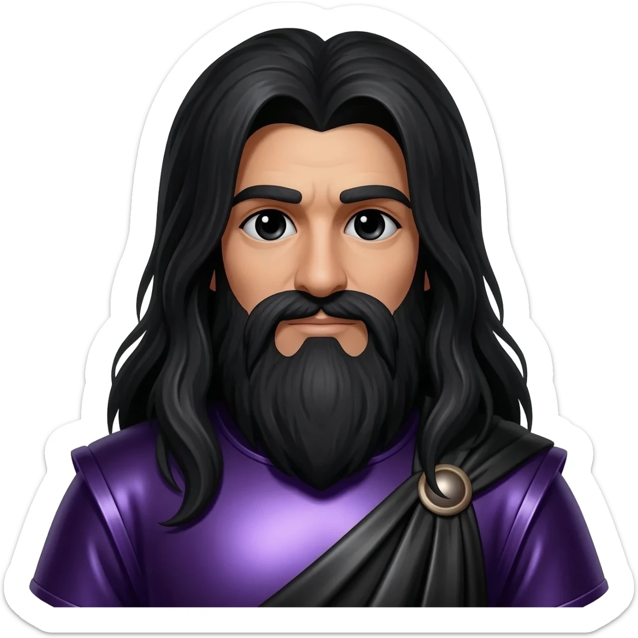 Pluto from Roman Mythology with black eyes, long black hair and beard, dark purple metallic tunic, black metallic cloak sticker