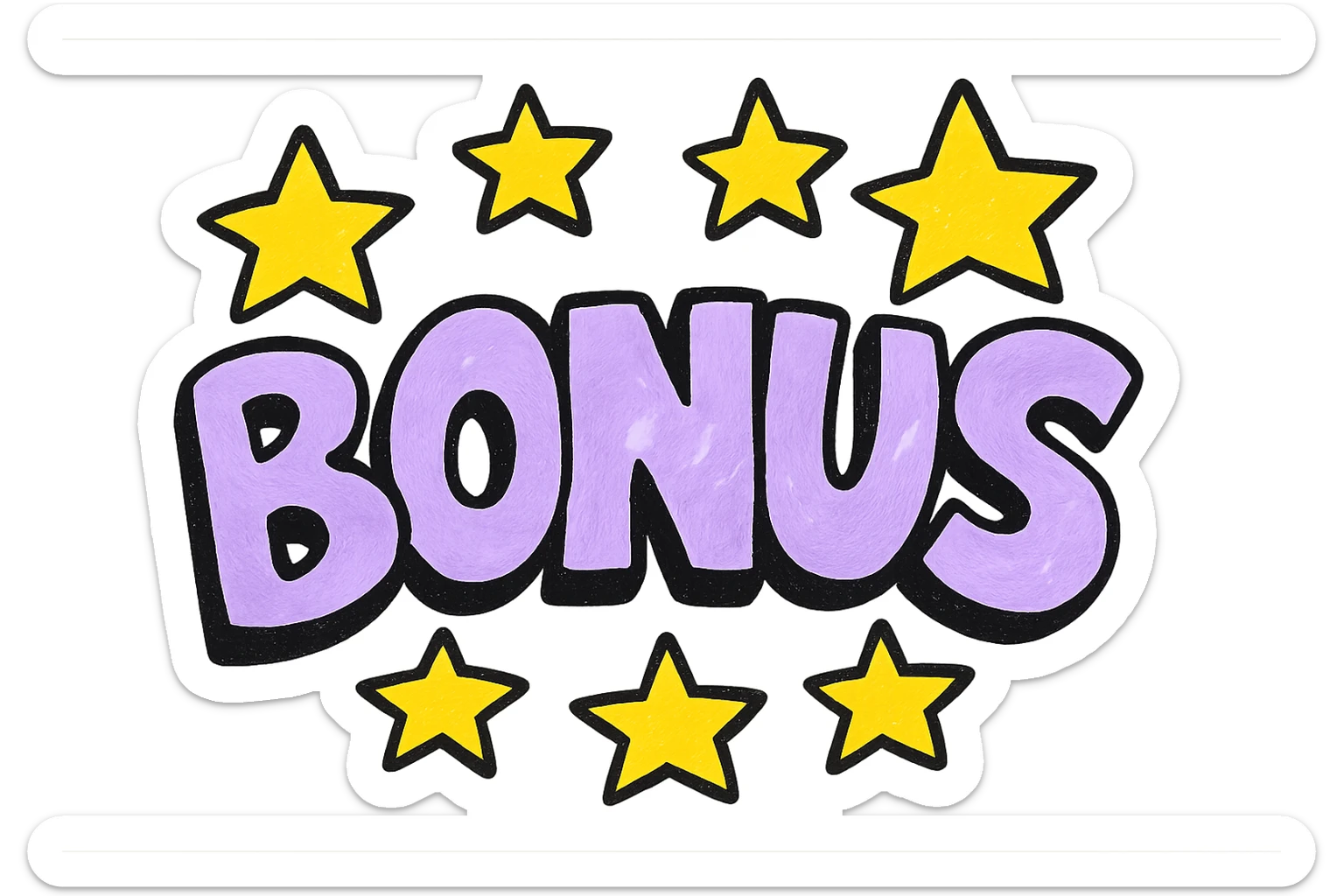 the word BONUS in large letters, all the same vibrant color, surrounded by stars, no background or sign behind, just the letters and stars, vibrant cartoon style QUIERO EXACTAMENTE IGUAL SOLO QUE LAS LETRAS DEBEN SER VIOLETA PASTEL Y LAS ESTRELLAS AMARILLAS sticker