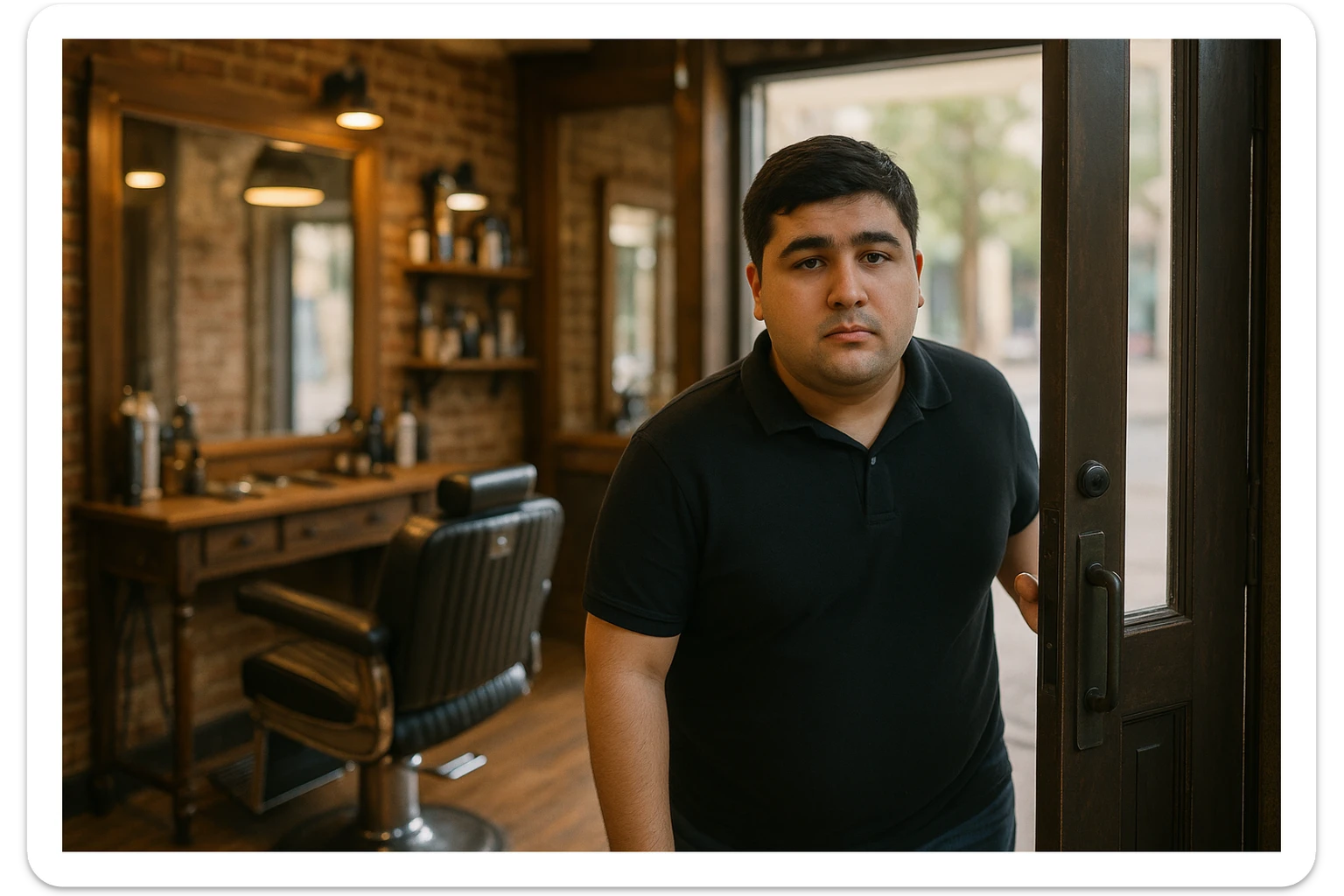 Shu odamni sartaroshxonaga kirib kelayapti  o'smirin davri rakurs ichkaridan sartaroshxona eski ham yangi ham emas bolani juda semiz qilib yuborma  u huddi sartaroshxonani  hammadan oldin kelib ochsinshu kadrni 2ta3ta rakursdan yarat sticker