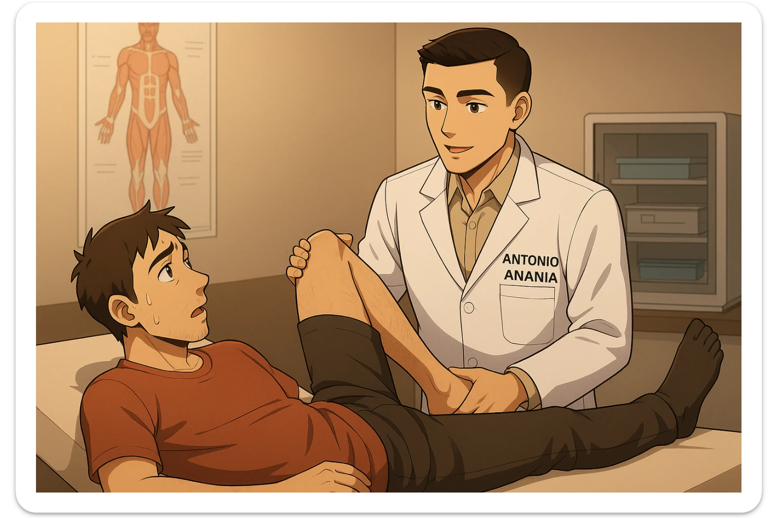fai un webtoon manga a colori con questo stile, in cui un uomo è steso sul lettino medico e il kinesiologo con il camice bianco (fagli anche la scritta "ANTONIO ANANIA" SUL CAMICE, gli solleva una gamba per fargli il test neuromuscolare, IL KINESIOLOGO SPIEGA ALL'UOMO UNA cosa mentre gli alza la gamba. non fare i fumetti però, fai solo in modo che sembri stiano parlando sticker