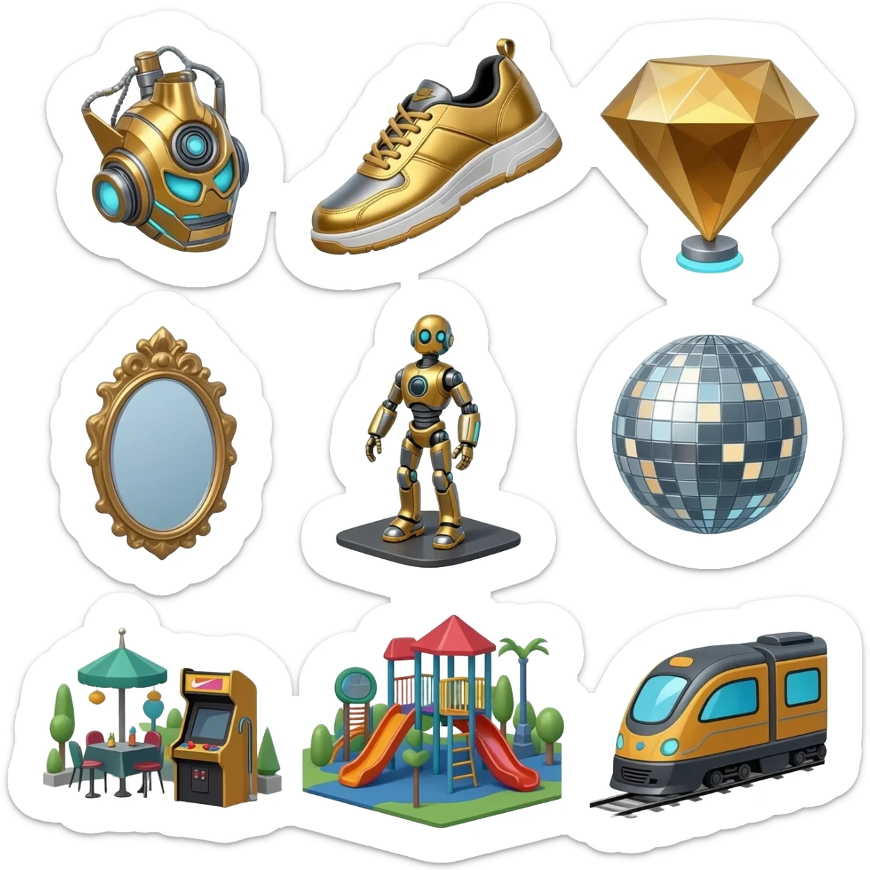 Futuristic turbo neon super robot metal  golden diamond Ruby 6000 Nike shoes hotel super 50000 metallic silver mirror basic black restaurant disco ball arcade playground lucky machine turbo max level inf city train sticker