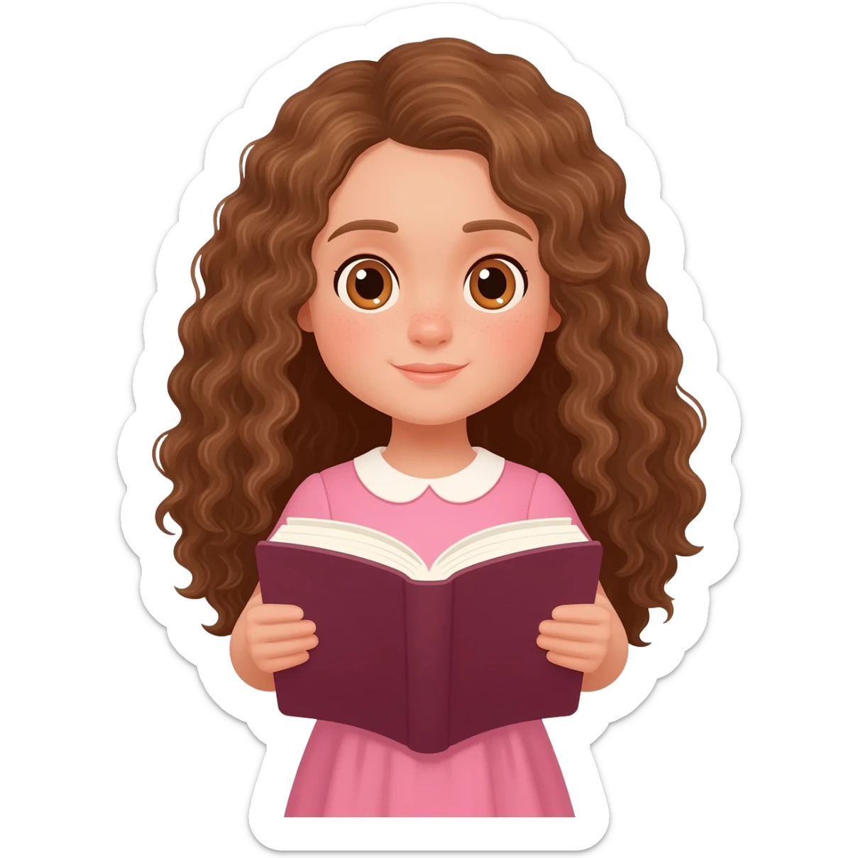 Menina branca,de olhos castanhos claros, com cabelos longos encaracolados vestido rosa lendo a Bíblia sticker