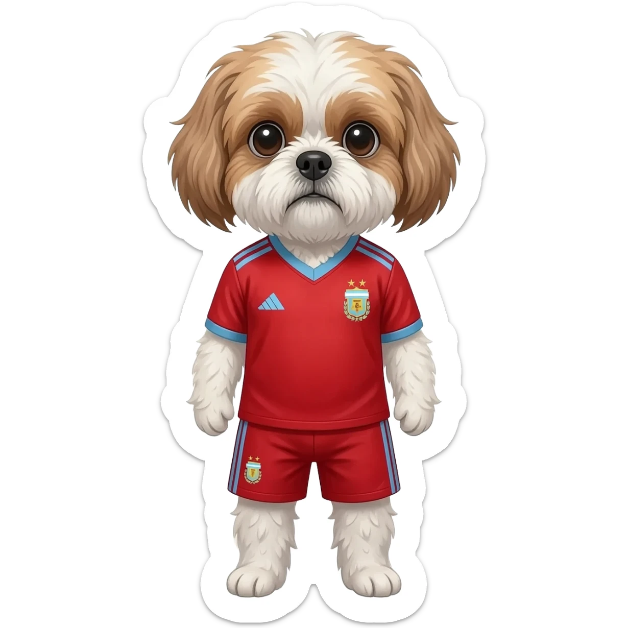 white and light brown shih zhu wearing a Argentina soccer jersey v neck 2026 work cup sticker