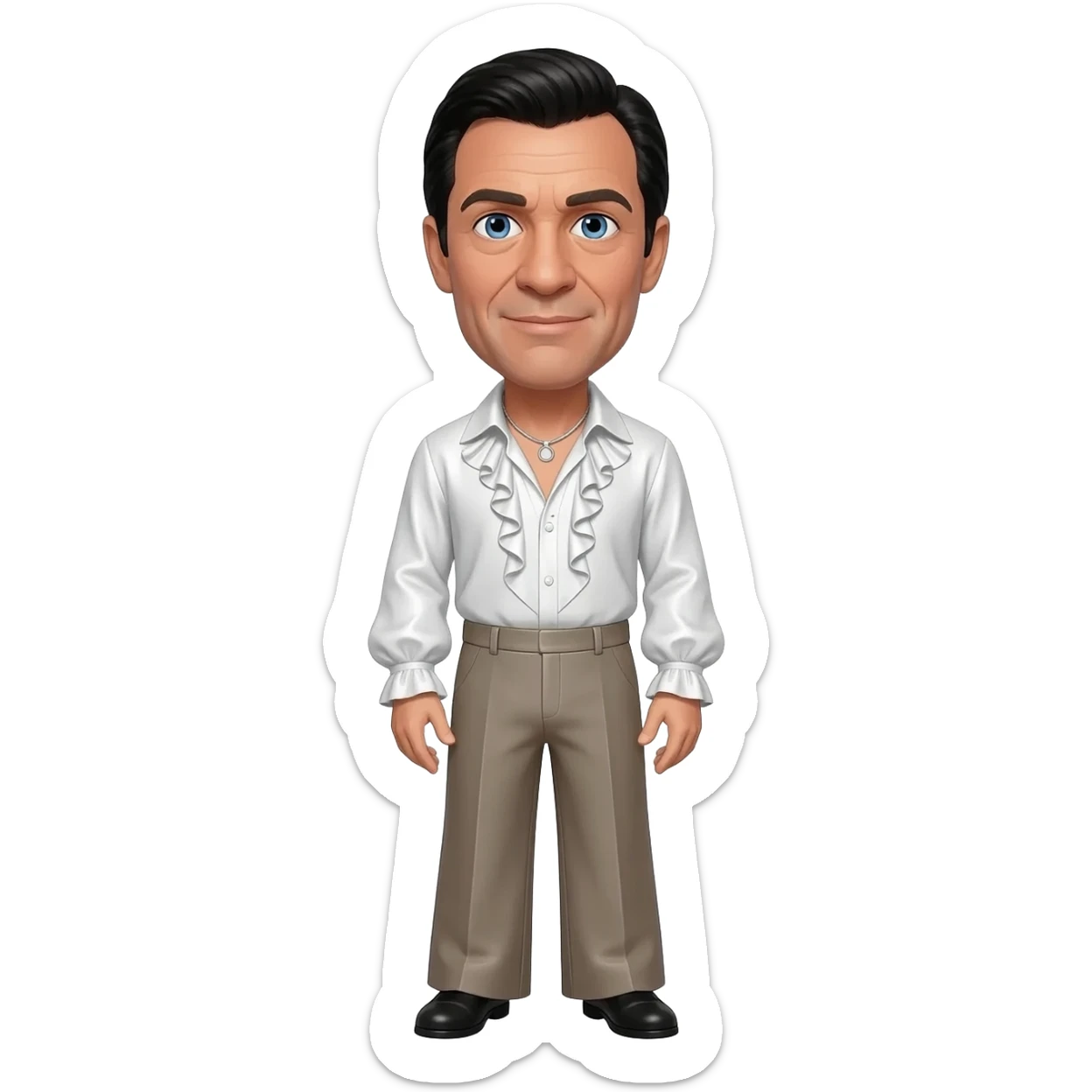 Oliver Reed with blue eyes, black hair, white metallic ruffle shirt, taupe metallic wide leg pants, silver necklace sticker