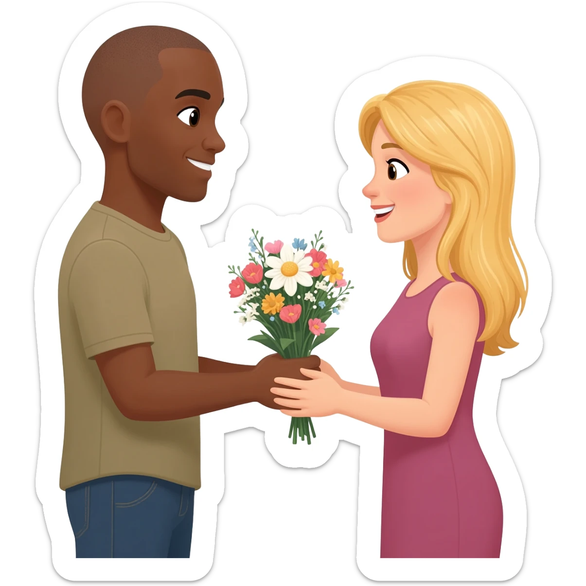 Black man with shaved head giving flowers to blonde woman sticker