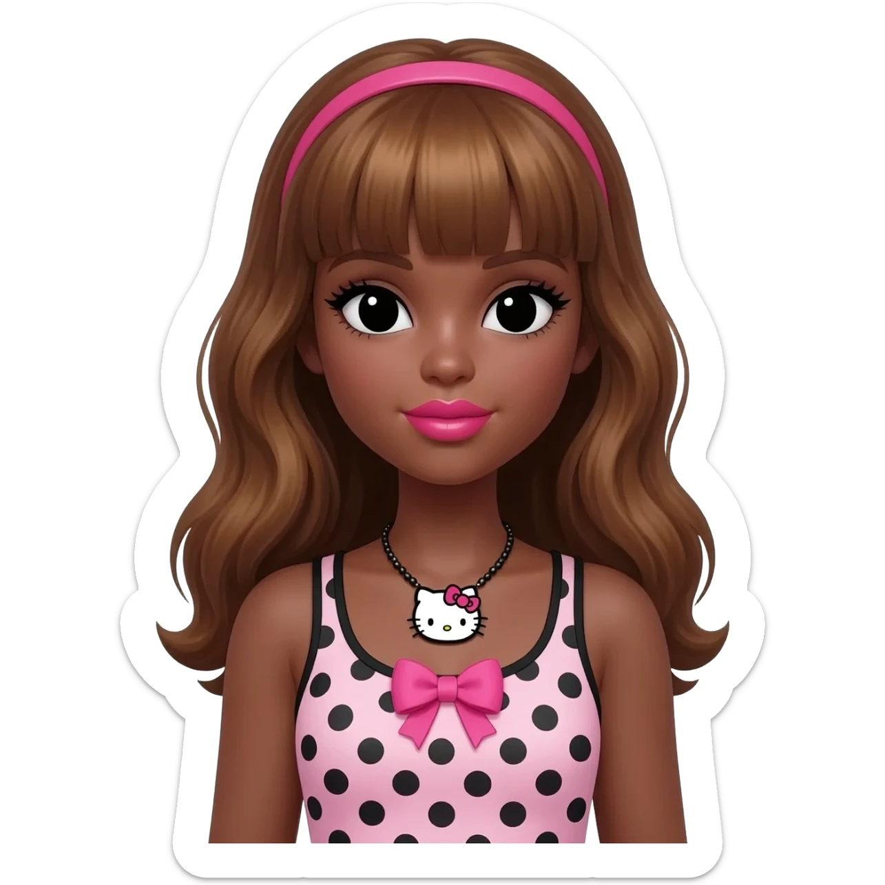 Doll faced shaped, hello kitty necklace, bimbo, black doll eyes, Big lips barbie, dark brown skin with honey brown hair, bimbocore outfit light pink and black polkadots tank top with designed pink bow on it sticker