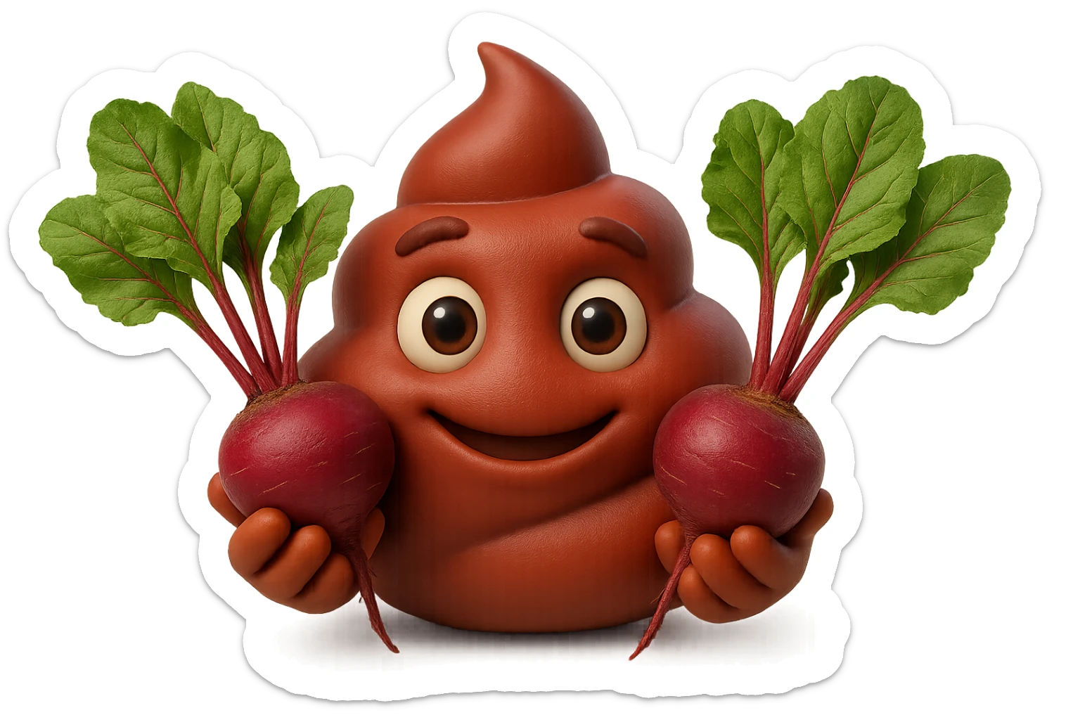 emoji stile iphone 3d di una cacca rossa con barbabietole in mano, iperrealistiche 4k sticker