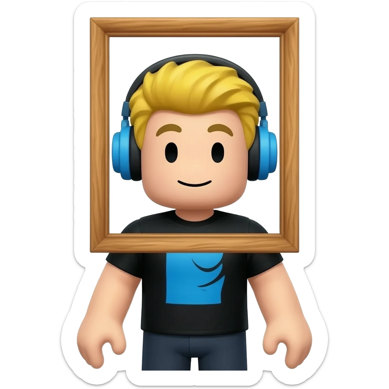 Funny Roblox avatar emoji, character with a wooden picture frame around the head, face inside a painting frame, blond hair with blue headphones, black shirt with blue design, dark pants, white hands, quirky and creative style, 3D cartoon emoji, cute gaming style, bright lighting sticker