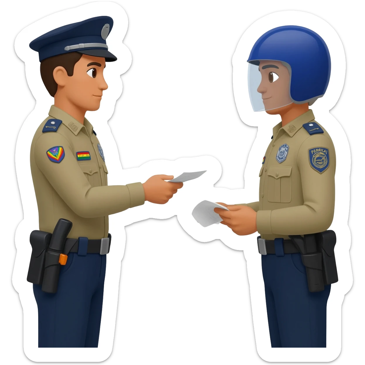 Dos policías bolivianos poniendo multa a un motociclista, sticker