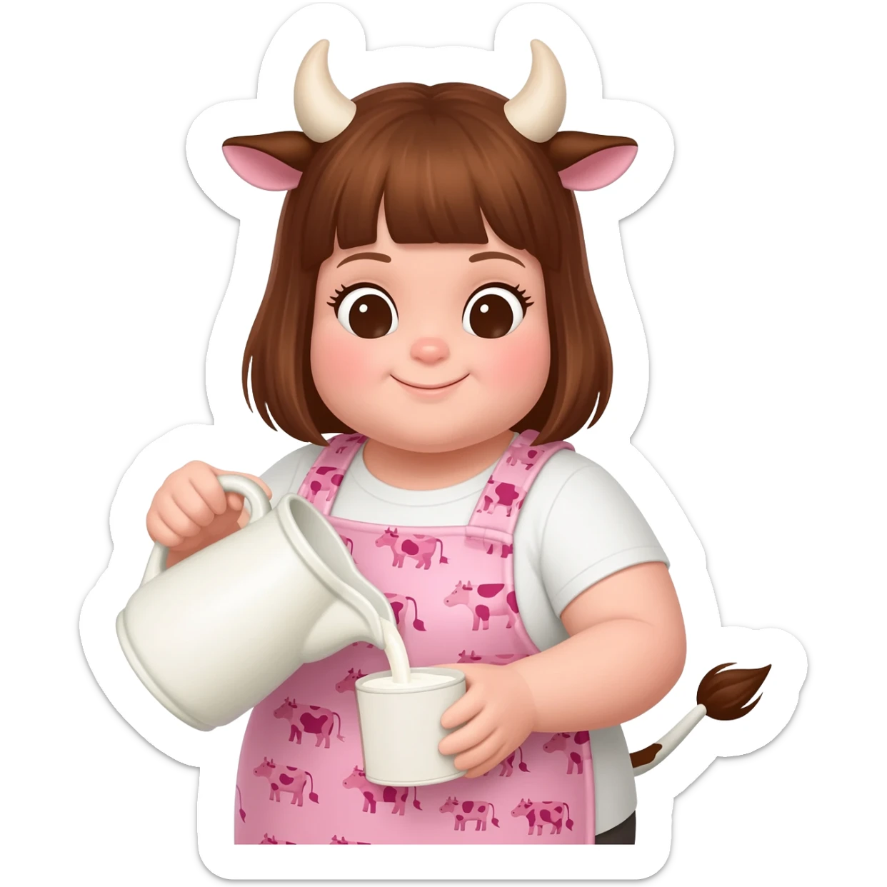 chubby pretty girl with cow horns and cow ears and cow tail in cute apron with pink cow print and ribbons pours milk sticker