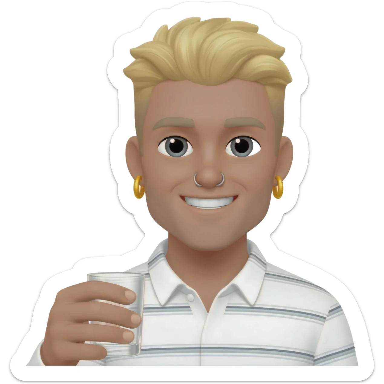 a blonde guy with septum horizontal stripe shirt and earings with a smile drinking a shot sticker