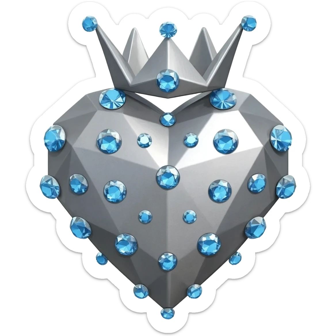 Minimalist 3D emoji based on image_e593fa.png: a large, sharp geometric heart made of cold, grey brushed steel. Integrated at the top is a severe geometric crown, densely set with small, sparkling light blue diamonds. Soft, even lighting, isolated on pure white background for sticker quality sticker