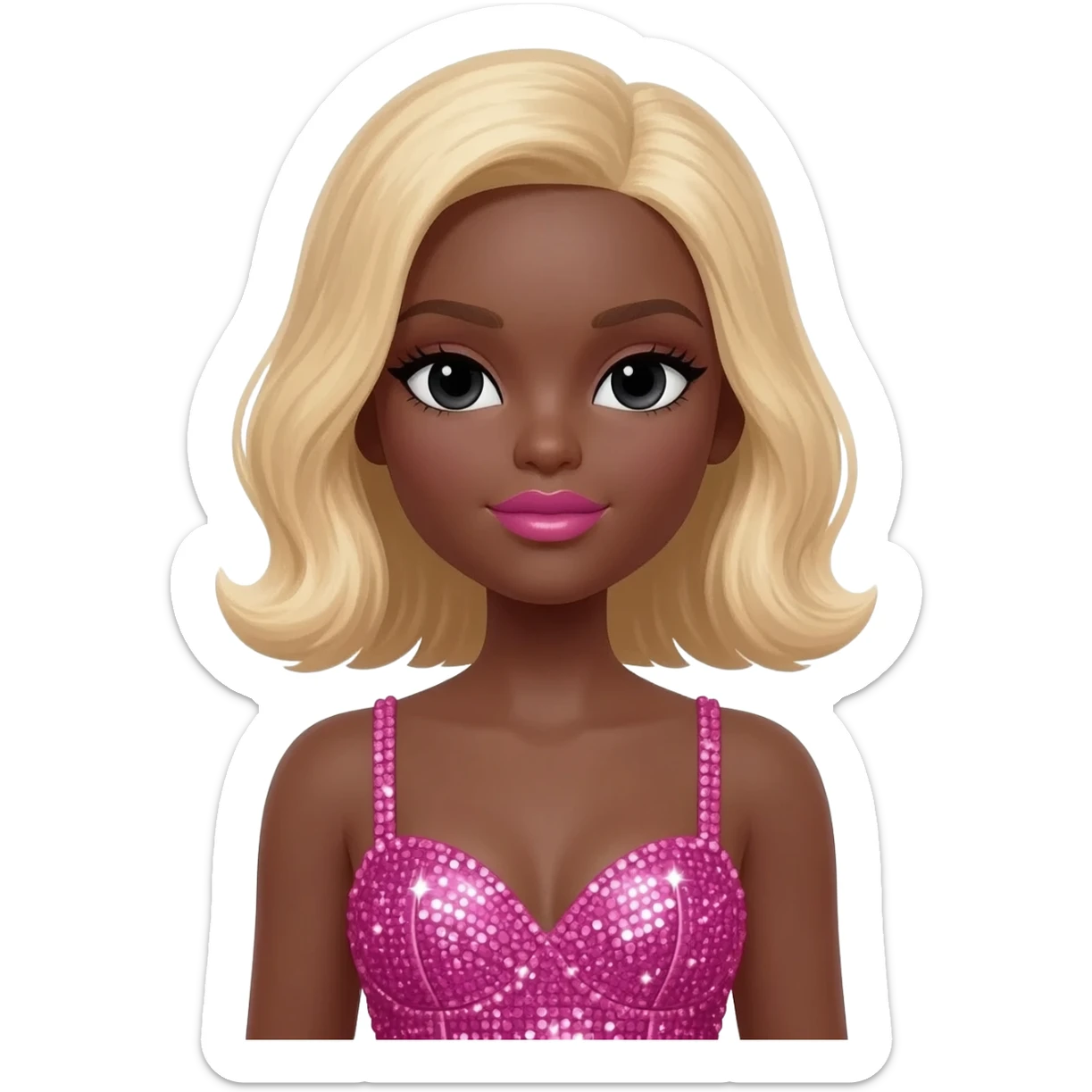 bimbo, black doll eyes, Big lips barbie, dark brown skin with blonde hair, bimbocore outfit sticker