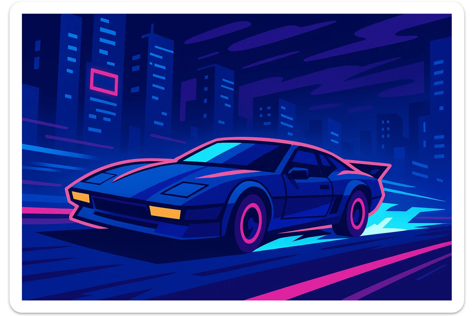 a futuristic car speeding lightning fast on a city road, neon lights, sci-fi atmosphere, blue and purple shades sticker
