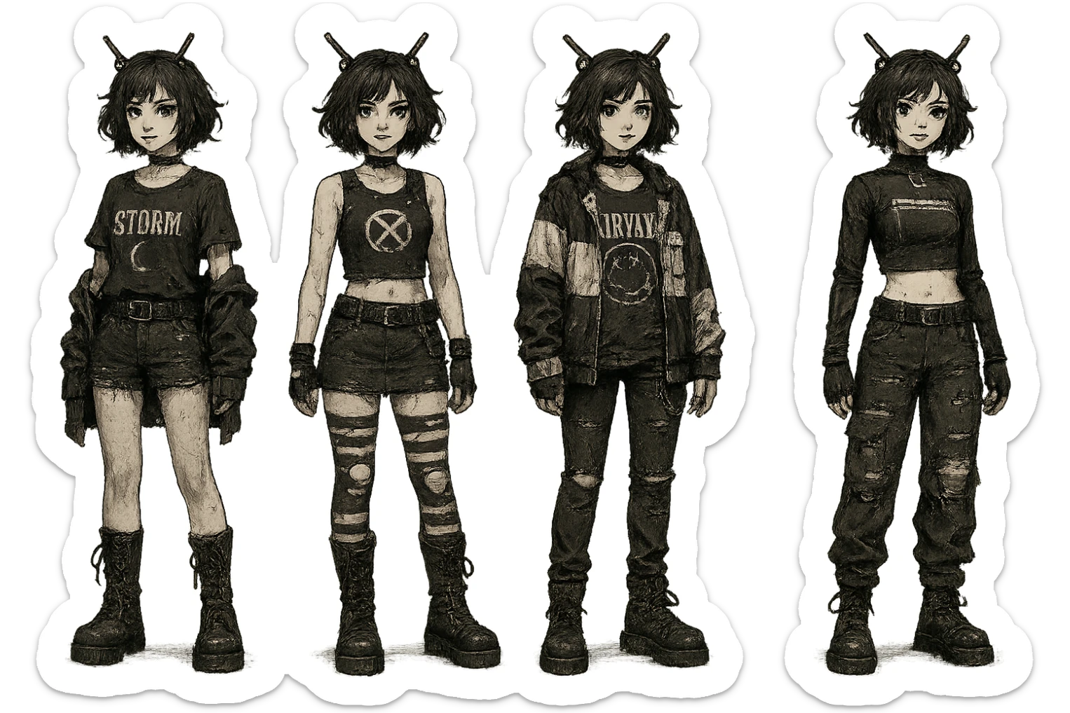 outfit designs for a VTUBER OC. The style is mixed 90's grunge, punk, lots of black and white in the color scheme, futuristic aesthetic. Clothing has small rips and tears from wear, logos and designs are faded. Garage, Shoegaze, postmodern style. character design concept art outfits for a female sticker