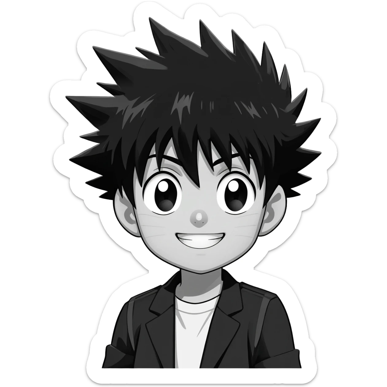 generate a white and black hunter x hunter killua happy smail with a transparent background sticker