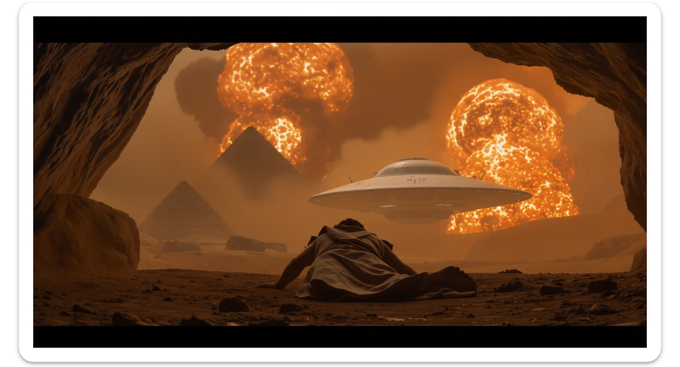 cinematic still, documentary photography, acient egypt, back shot of a man dress in ancient clothes in cave (frame in frame effect) on ground laying front of small ufo starship, explosions, palms, dynamic scane, leading lines, captured by arri alexa, depth layers, piramids in babckground sticker