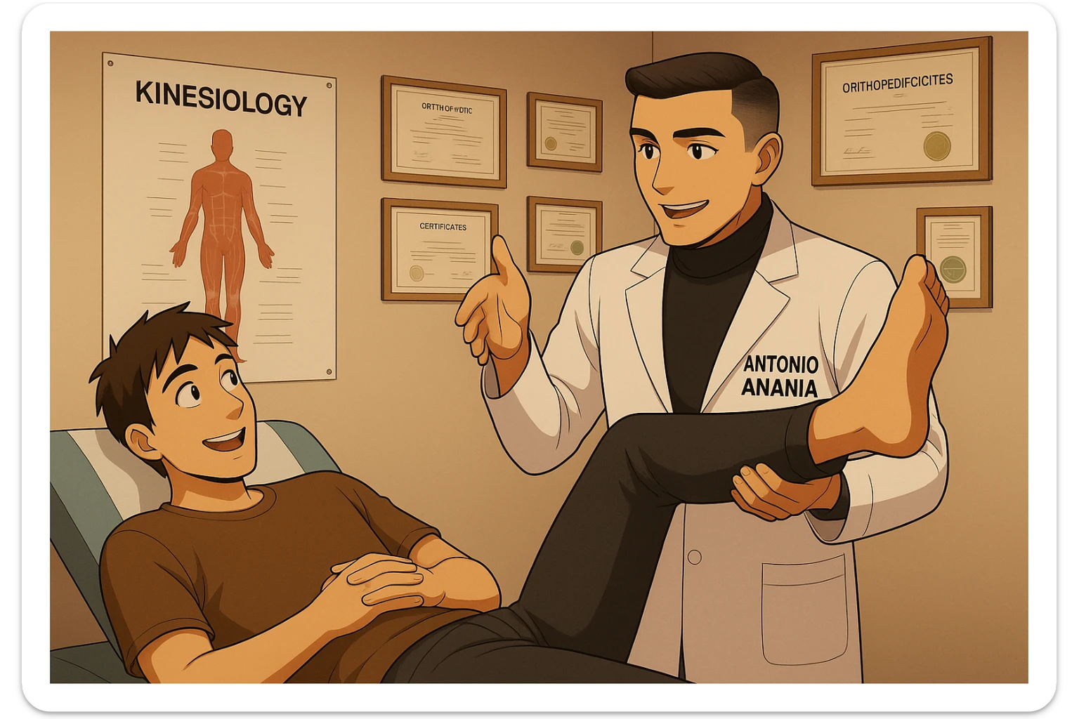 su questo lettino rappresenta un webtoon manga a colori con questo stile, in cui un uomo è steso sul lettino medico e il kinesiologo con il camice bianco (fagli anche la scritta "ANTONIO ANANIA" SUL CAMICE, gli solleva una gamba per fargli il test neuromuscolare, IL KINESIOLOGO SPIEGA ALL'UOMO UNA cosa mentre gli alza la gamba. l'espressione dell'uomo è felice e soddisfatta, non fare i fumetti però, fai solo in modo che sembri stiano parlando sticker