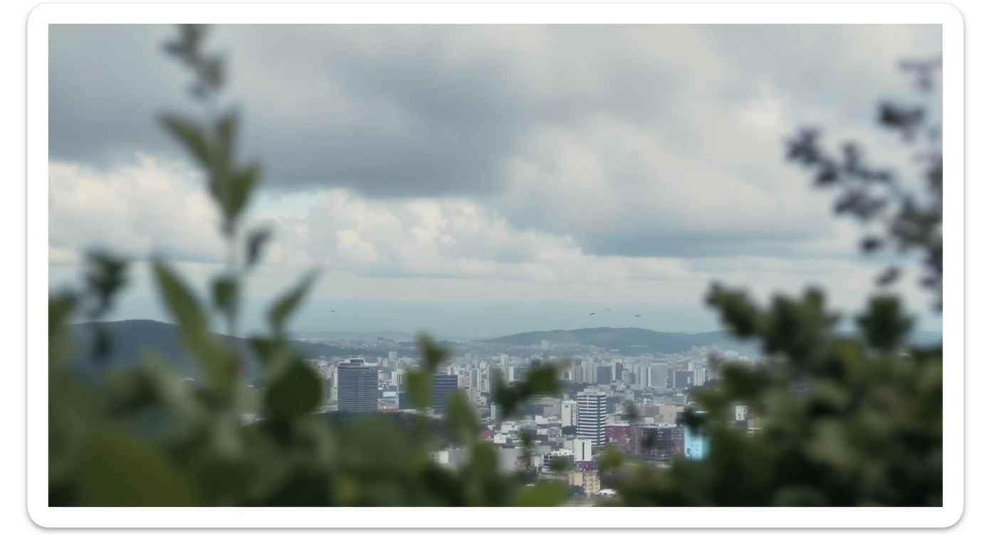 A cinemaatic still of a city, blurred plants in the foreground, whales fly above city sky, rolling hills in the background, cinematic depth of field, layered composition, natural lighting sticker