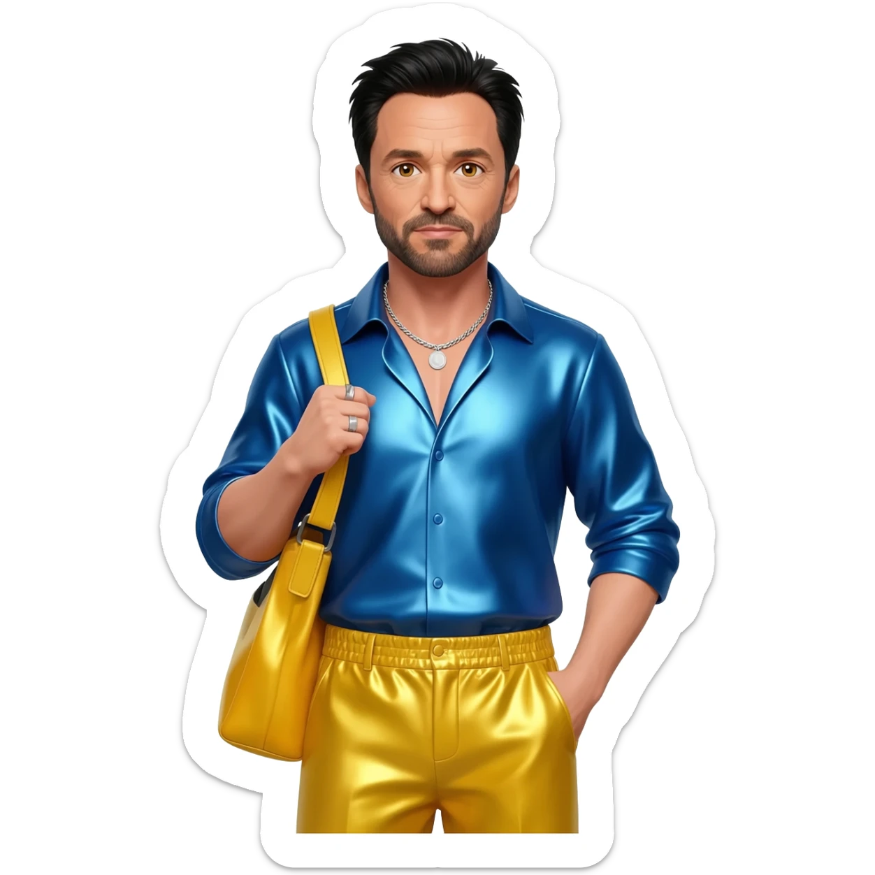 Hugh Jackman with hazel eyes, black hair, periwinkle blue metallic shirt, yellow metallic baggy pants, silver necklace sticker
