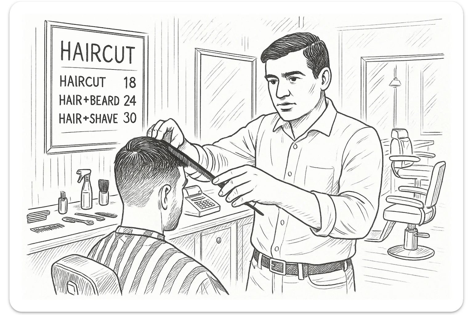 Draw me a sketch of the barbershop, but make sure there's a cash register there. sticker