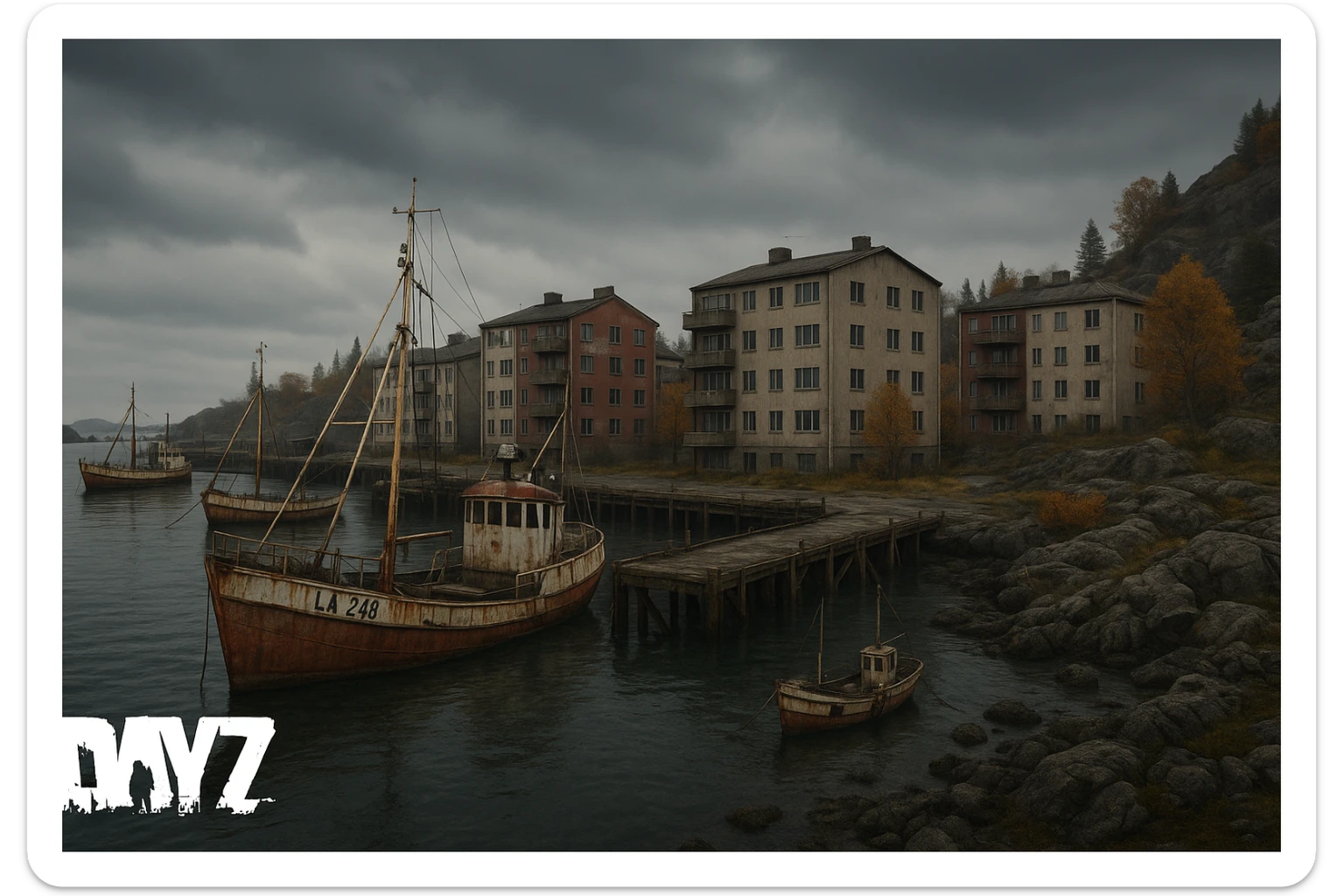 a screenshot of the game DayZ videogame, the harbor in a Norwegian port town, apartment blocks sticker