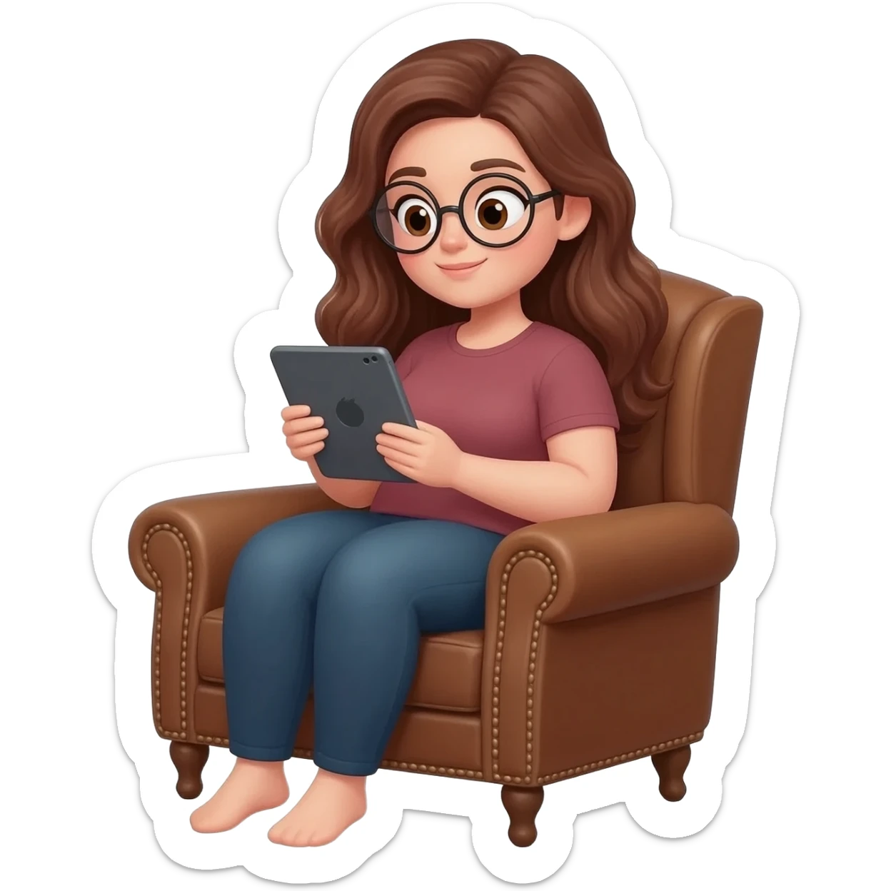 detailed emoji illustration of a curvy woman with long chestnut brown wavy hair, light brown eyes and round glasses sitting in a brown vintage armchair while reading on an e-reader tablet, cozy reading atmosphere, cute emoji style sticker