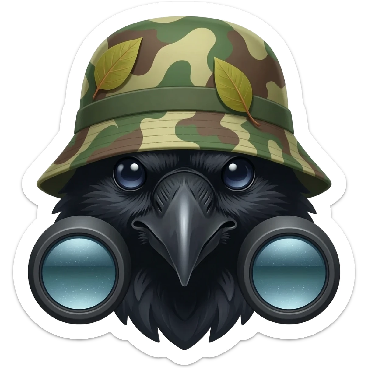 A raven from shoulders up and from 45 degrees, wearing dual tube night vision devices pvs-31 over their eyes and a camoflage Boonie hat with bits of scrim and leaves attached to the hat sticker
