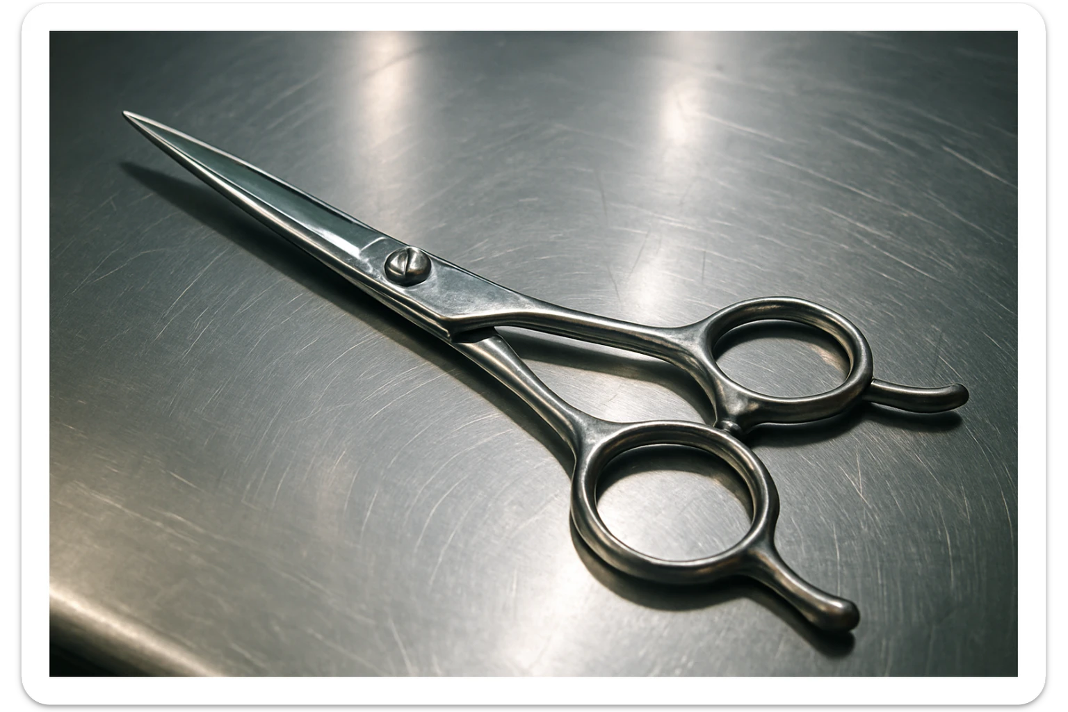 A set of professional barber scissors lies on a stainless steel workbench, gleaming under the bright lights. The blades are sharp and precise, with smooth handles showing signs of frequent use, ready for the next cut sticker