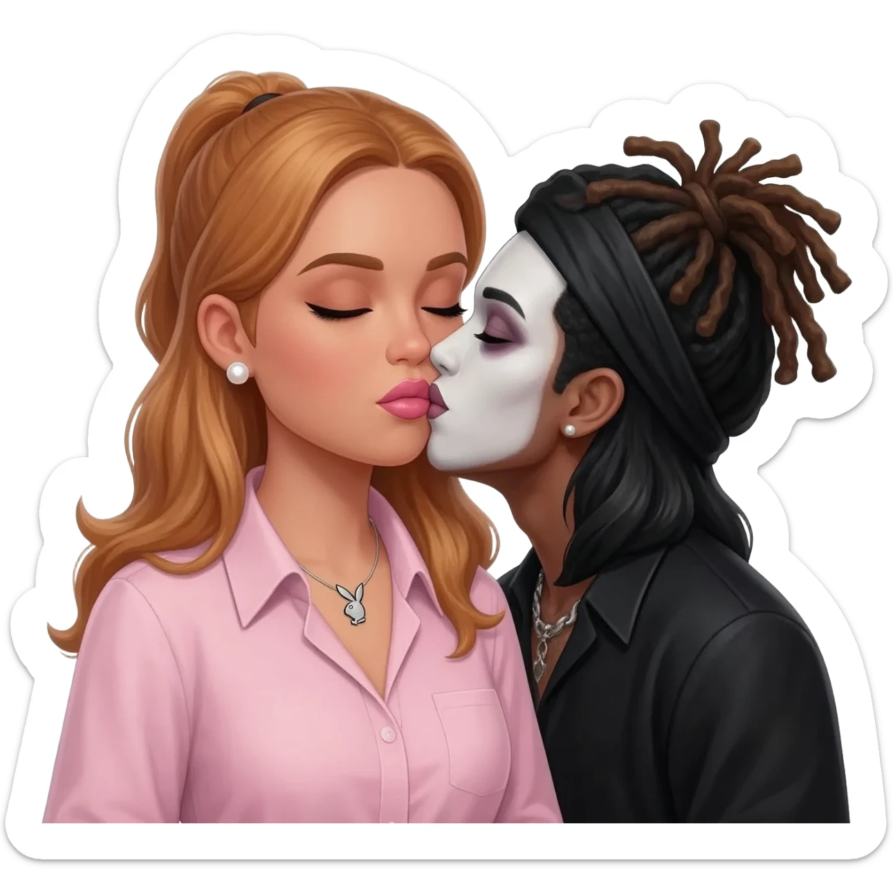 3 people, Bimbo, pearl earrings stud, Light pink cute lips, long middle part with long light ginger hair, dark brown skin, playboy necklace with lashes, light pink shirt, kissing the goth black girl, and guy with dreadlocks with white paint on face sticker