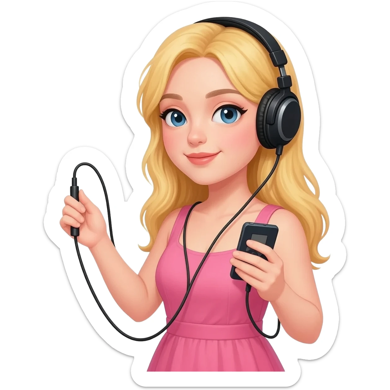 girl blonde long hair in pink dress listen to music rock and roll on black headphones with mp3 player and hold on headphones on head with right hand sticker