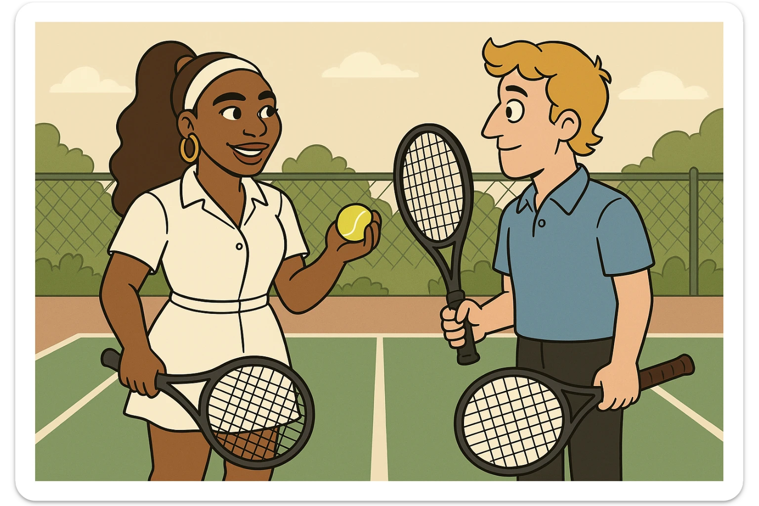 Serena Williams white shirt dress tennis racket one ball tennis a man dark yellow hair blue shirt black trousers tennis racket tennis court background  sticker