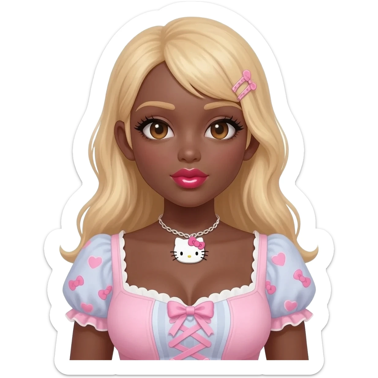 heart shaped lips, cute glossy lips, doll eyes with long lashes, dark brown skin, blonde hair, big chest, hello kitty necklace, one bow clip, bimbocore outfit sticker