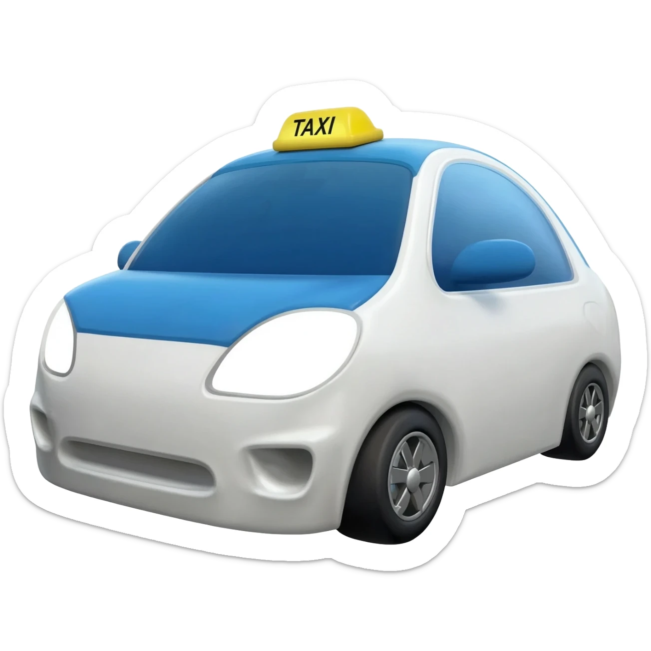 A small white  taxi car with a bright blue roof and white side panels, yellow taxi sign on top,  modern sedan design, black tires, silver rims, front three-quarter view, soft shading, sticker