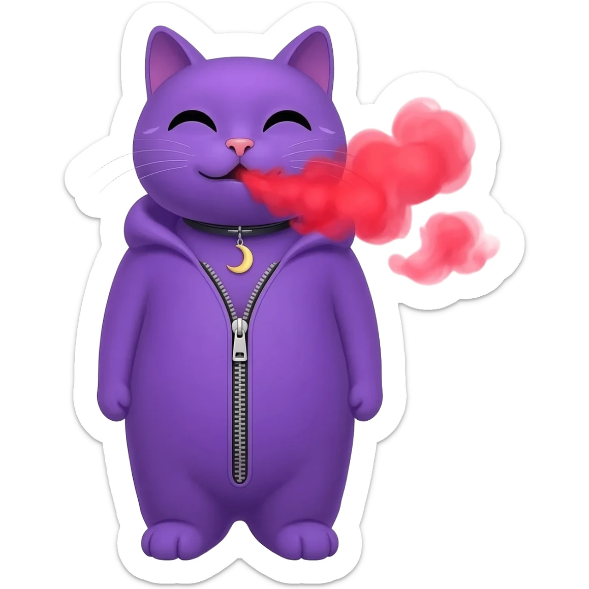A  fully purple cat spraying red smoke out its mouth with a crisant moon neckless with a zipper on its chest sticker