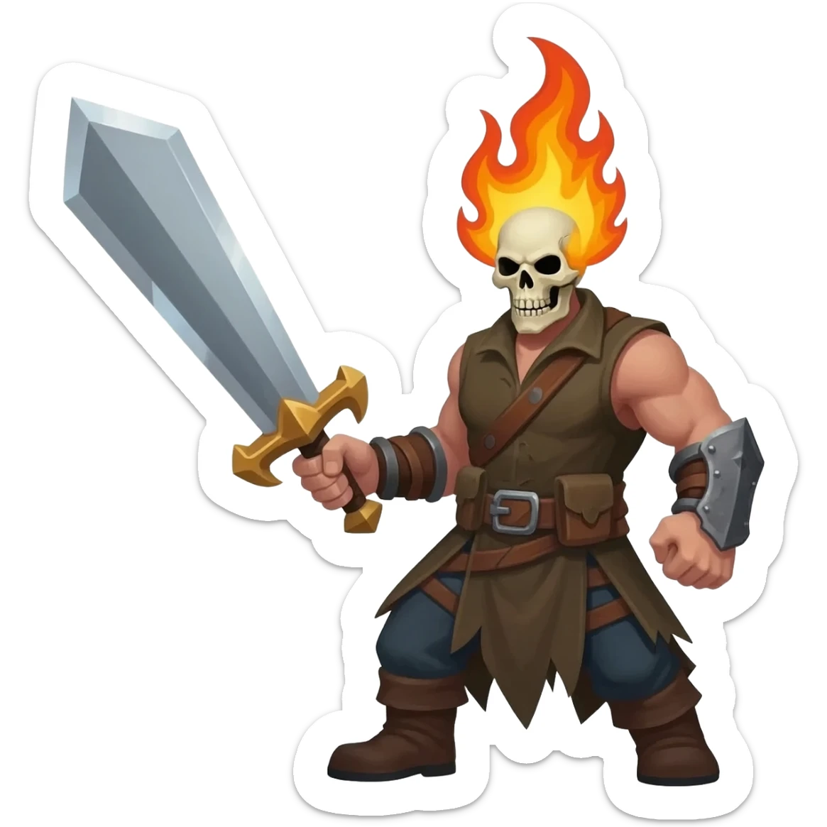 A sprite sheet of a man with a burning skull head swinging a large sword sticker