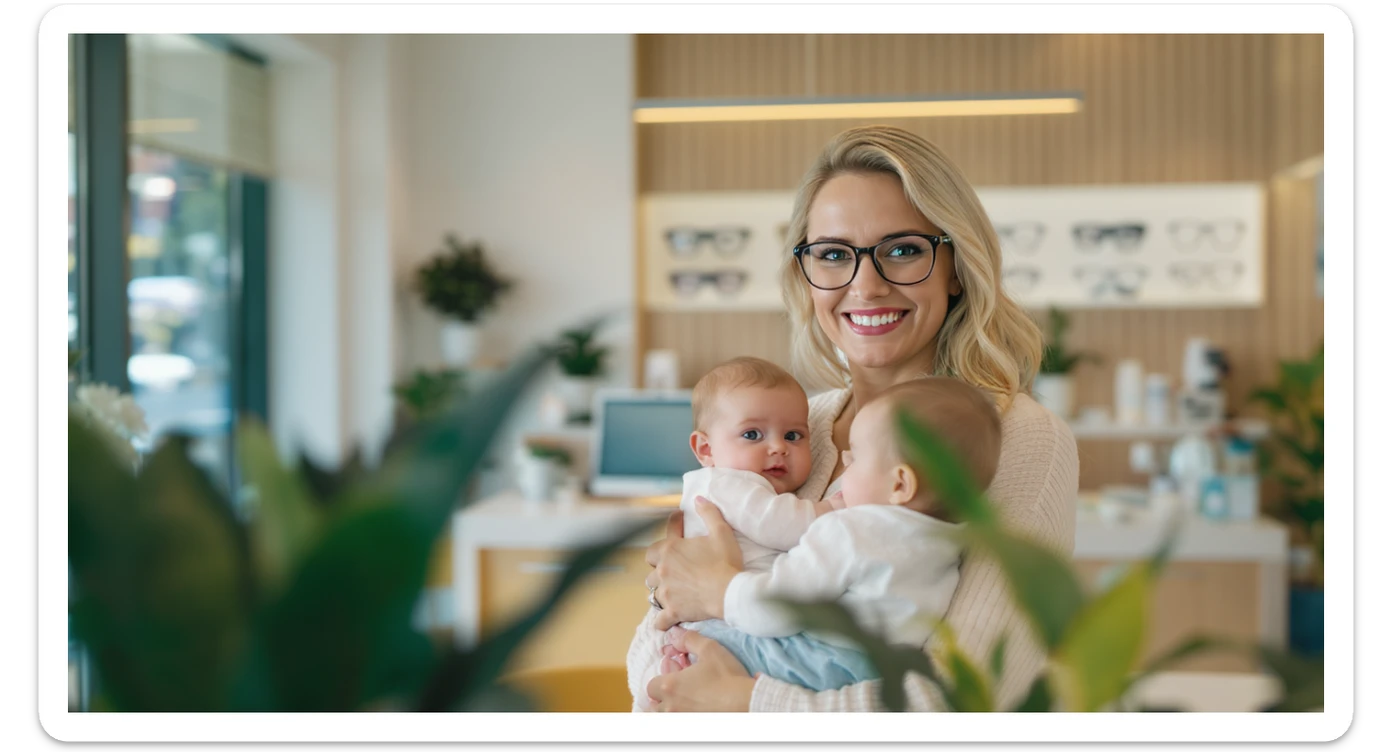 Cinematic still, blurred plants in the foreground (close to the camera), Proffesional advertising of a smiling european white woman with glasses smiling holding baby, minimalistic ophthalmologist interior in background, leading  lines, "rule of thirds", 60/30/10 colors, soft light, warm colors sticker