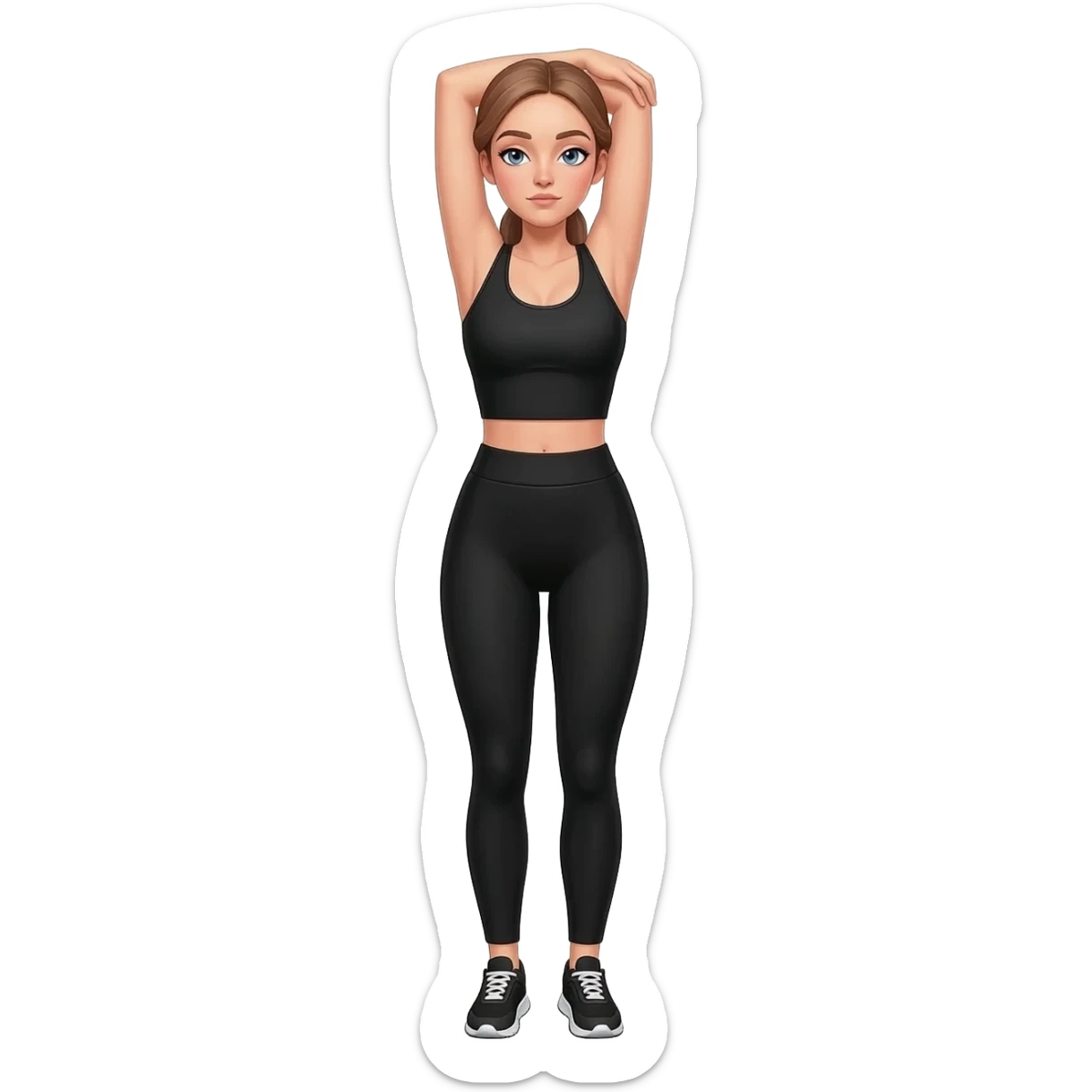 gentle bedtime stretch with sleepy mood, fair-skinned woman, gray-blue eyes, ash brown brows, ash light brown hair tied back, slim athletic body, black workout set, black sneakers with white soles sticker