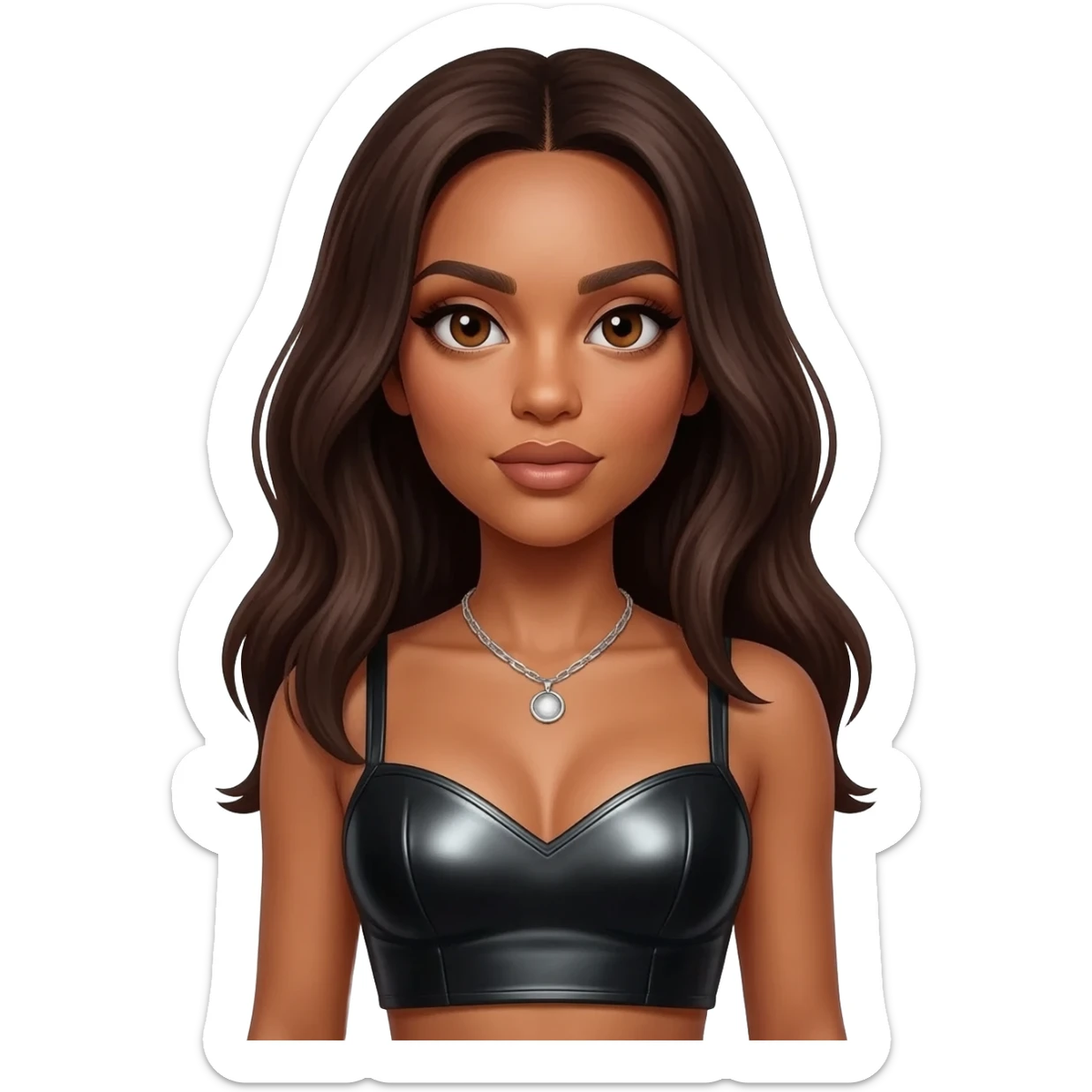 Aaliyah with brown eyes, long dark brown hair, black metallic sweetheart crop top, silver necklace sticker