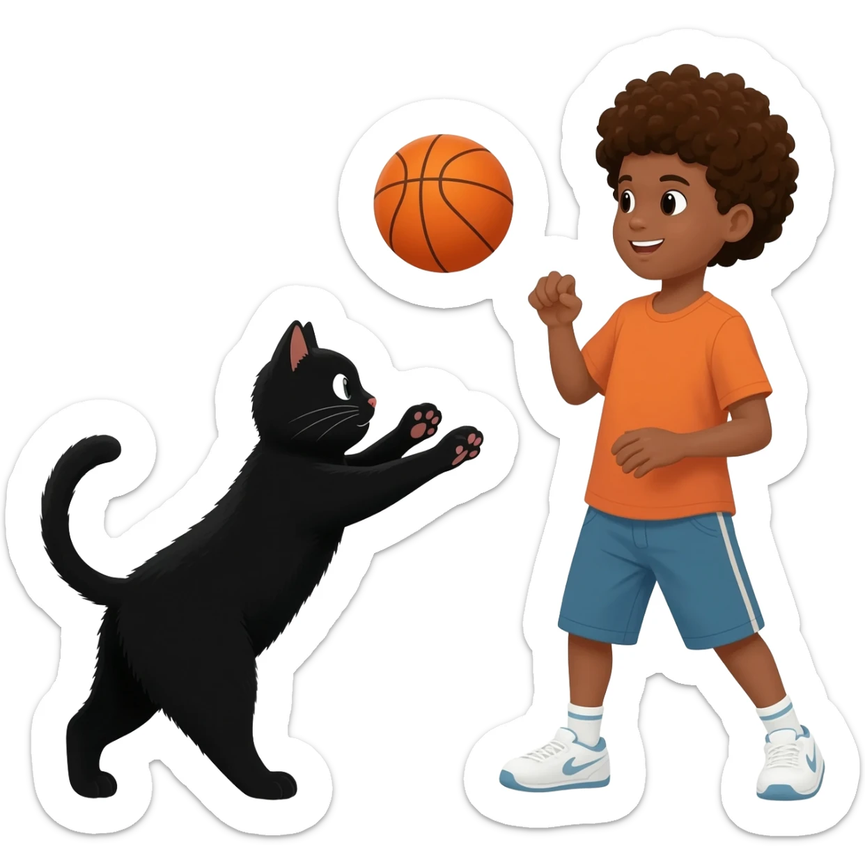 Black cat playing with orange basketball and a little boy with curly hair sticker