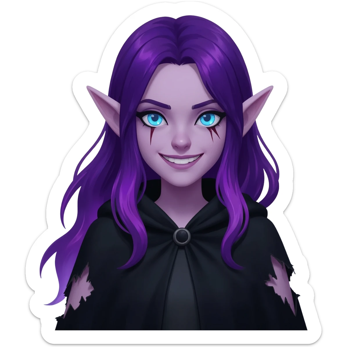 Dark Elven girl with a scar through eyes and smiling menacingly sticker