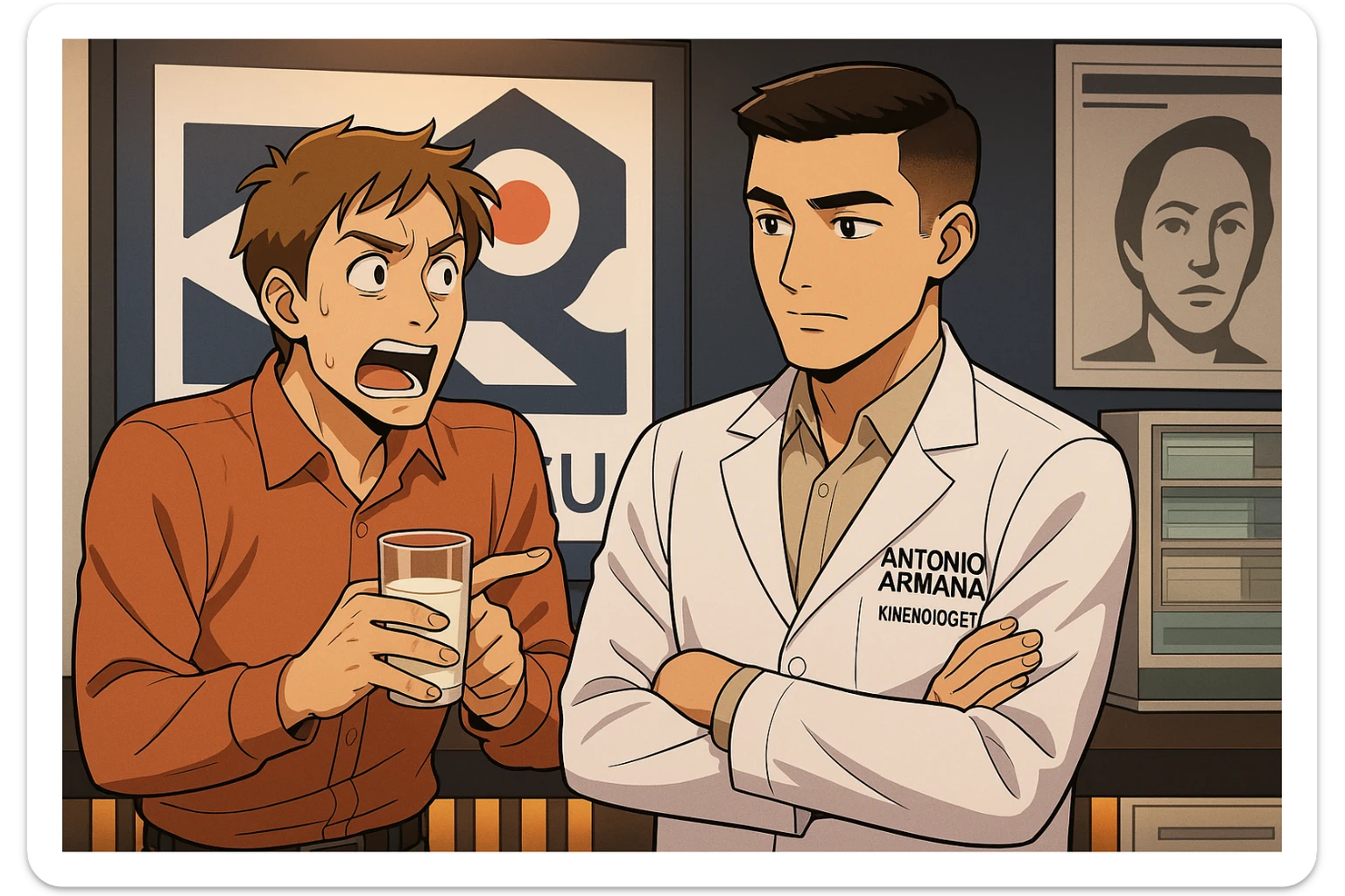 fai un webtoon manga a colori con questo stile, in cui un uomo chiede al kinesiologo con il camice bianco (fagli anche la scritta "ANTONIO ANANIA" SUL CAMICE, una domanda e il kinesiologo gli risponde, L'UOMO INDICA IL BICCHIERE DI LATTE CHE HA IN MANO ED è MOLTO ALLARMATO NEL FARE LA DOMANDA. non fare i fumetti però, fai solo in modo che sembri stiano parlando sticker