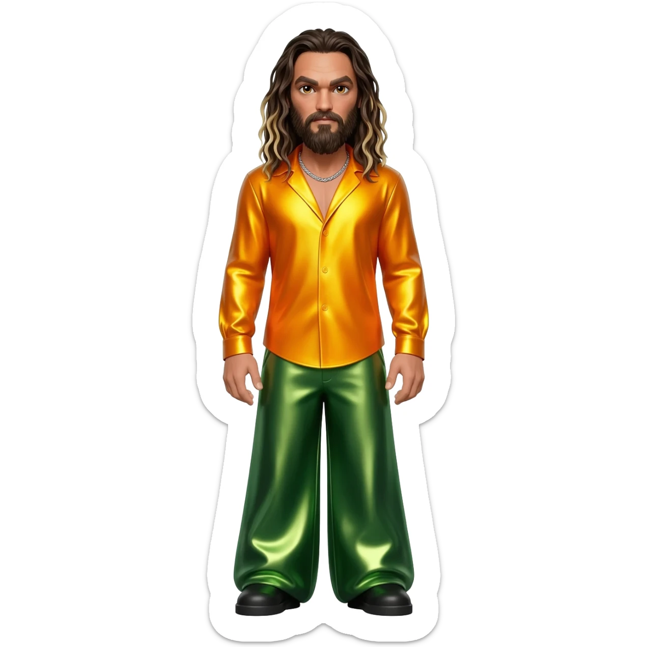 Jason Momoa with hazel eyes, dark brown long hair with blonde highlights, yellow orange metallic shirt, green metallic baggy pants, silver necklace sticker
