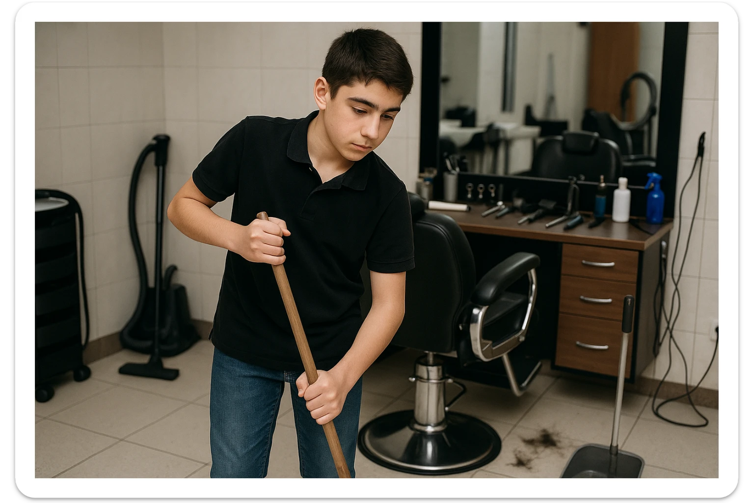 sartaroshxonani tozalayotgan o'smirin bola juda  yosh ham emas katta ham supir sudir qilaytgani narsalarni tozalayotgani yuzi ko
 sticker